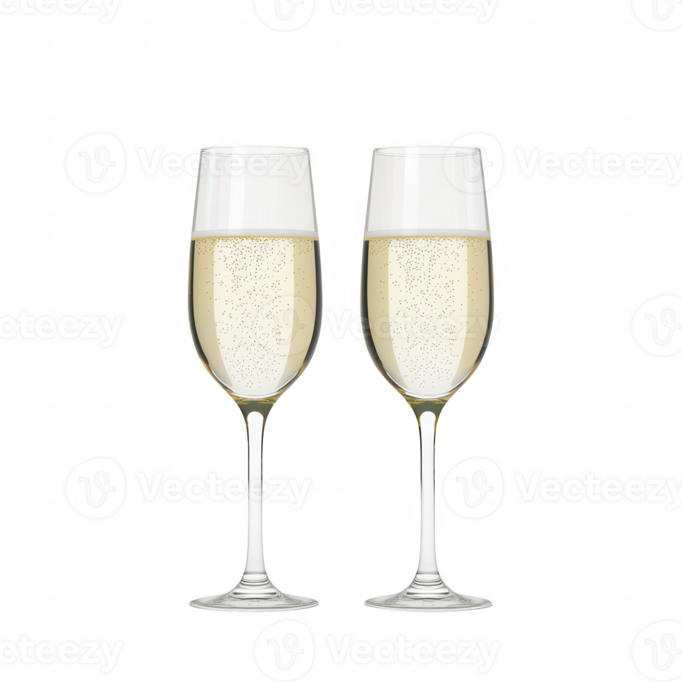 Two elegant champagne flutes filled with sparkling white wine for celebration. png