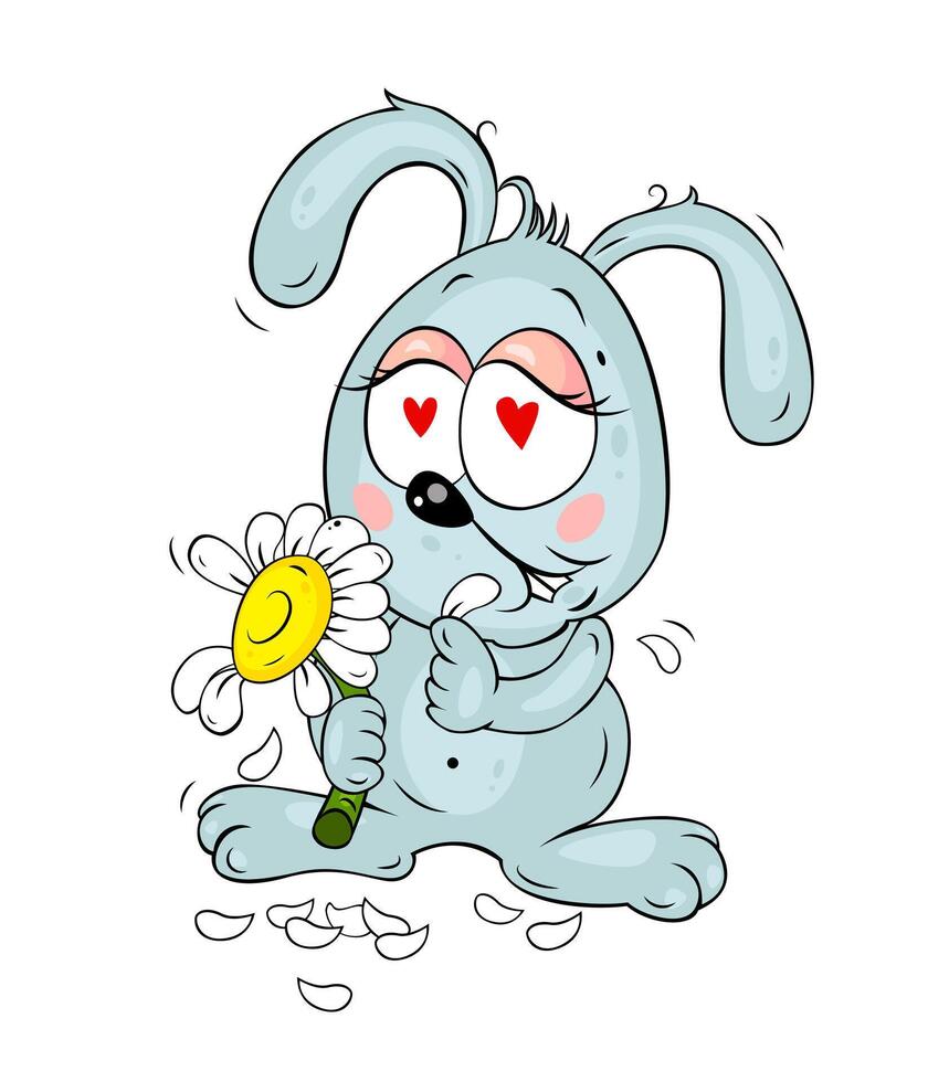 Cute cartoon bunny with daisy flower, falled in love. Beautiful character for St. Valentines Day design. vector