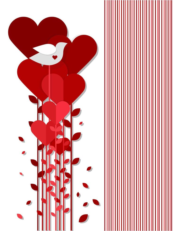 Valentine's Day greeting card, papercut style, invitation banner, congratulation message. Romantic background with red hearts and white pigeon vector