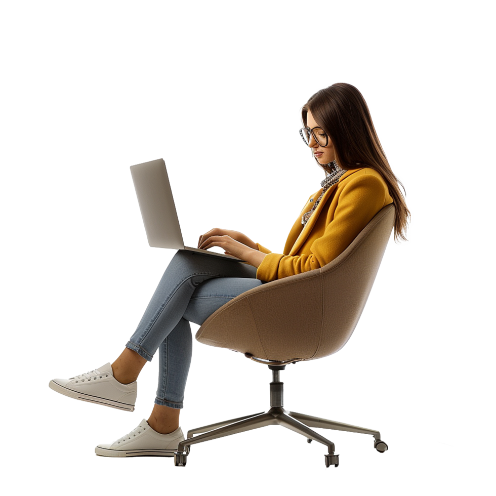 Woman working on laptop in stylish chair png
