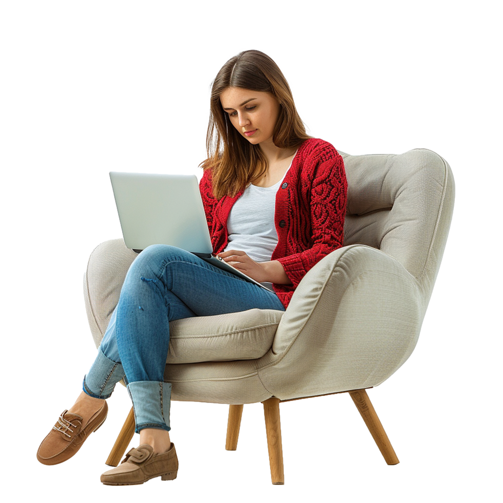 Woman using laptop in comfy armchair home relaxation technology png