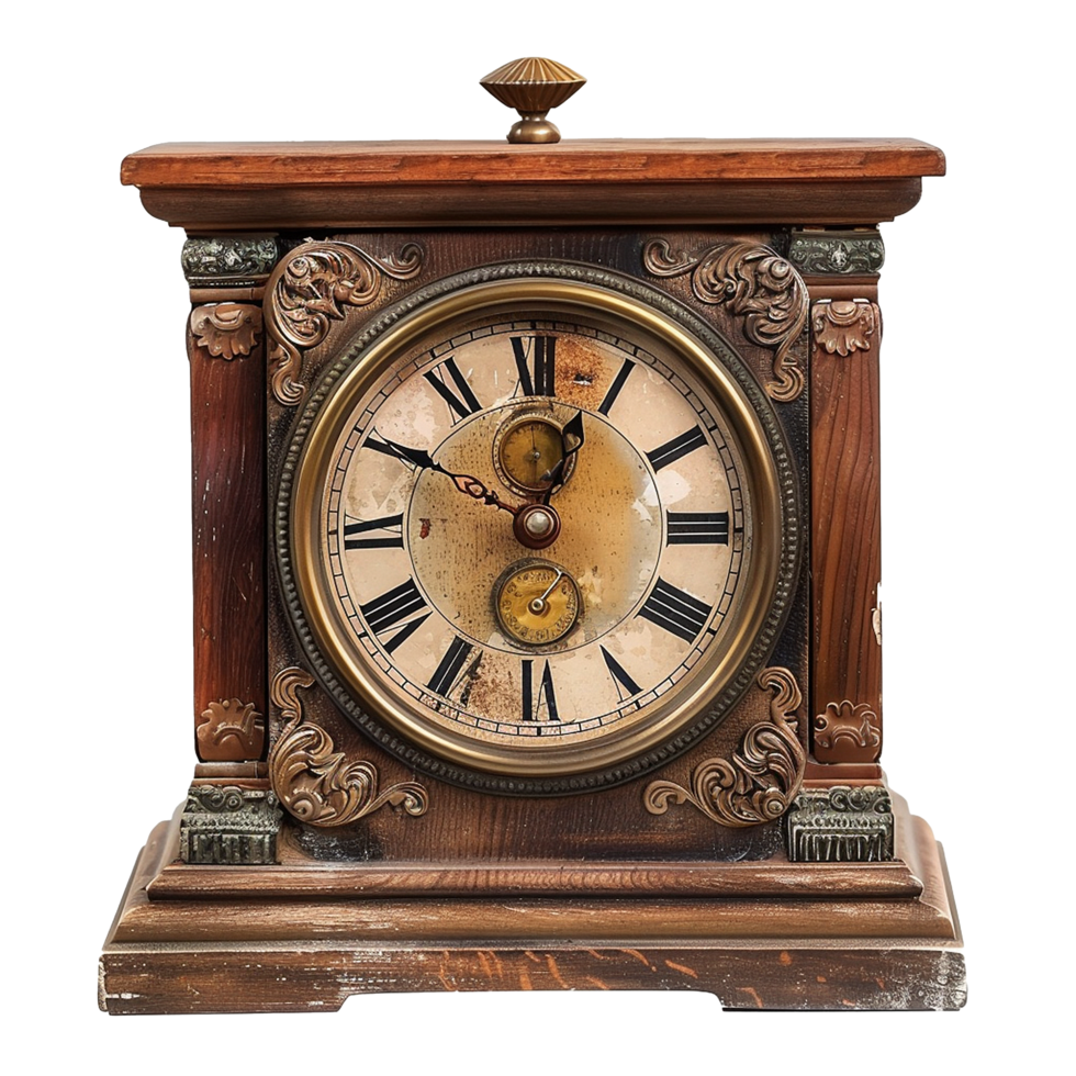 Antique Wooden Mantel Clock Ornate Design Vintage Timepiece png