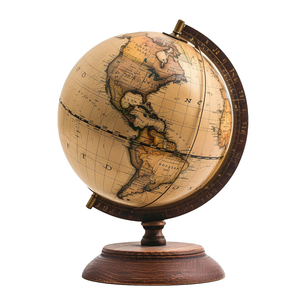 Vintage World Globe on Wooden Stand Geography Travel Exploration Antique Map png