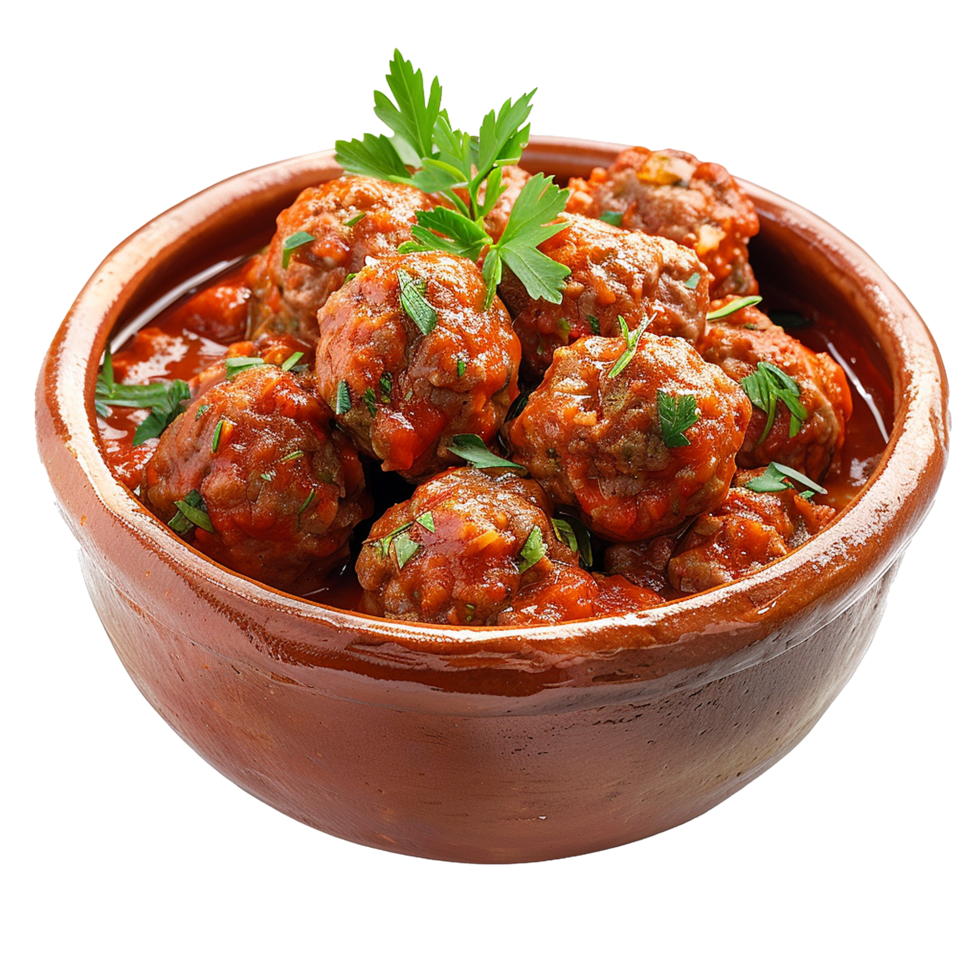 Delicious Meatballs in Red Sauce a Clay Bowl png