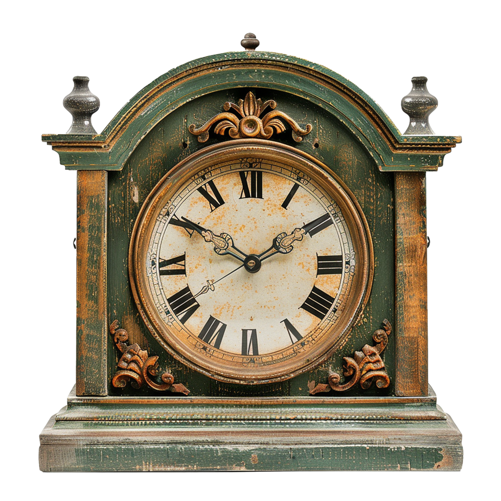 Antique Green Wooden Mantel Clock Roman Numerals Timepiece png