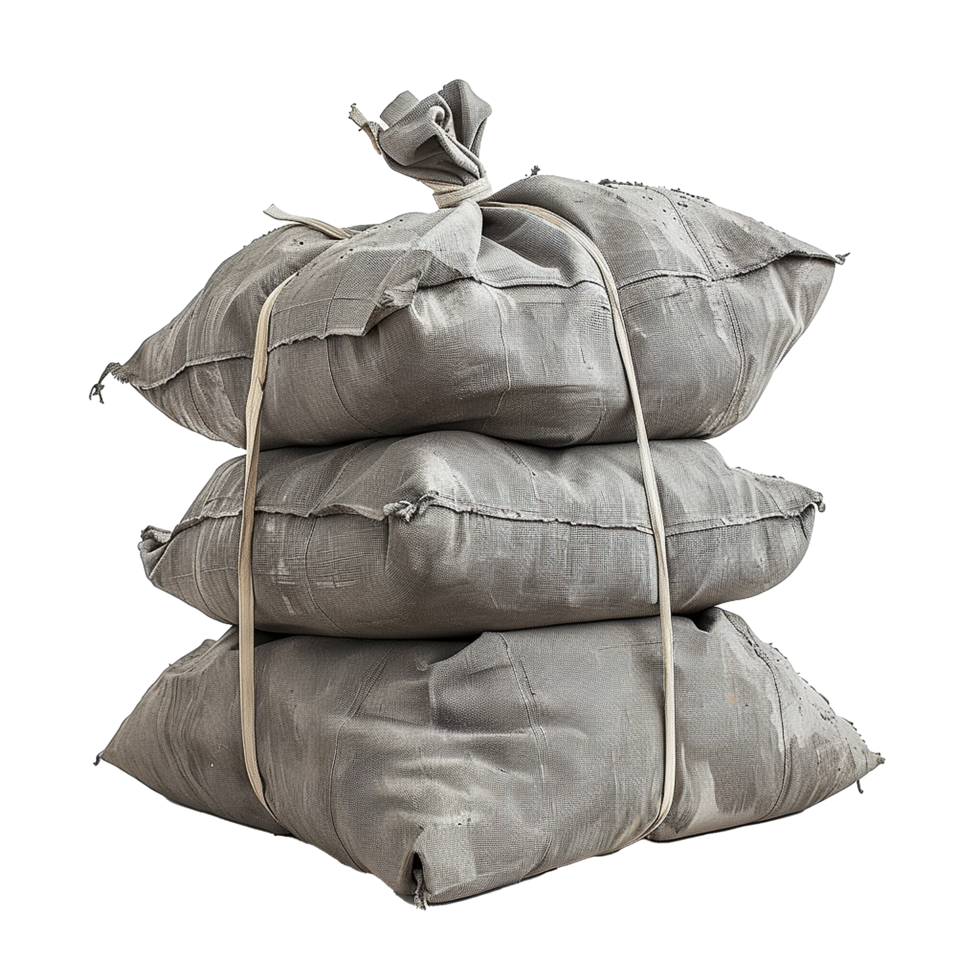 Stacked gray burlap sacks tied with twine rustic texture storage png