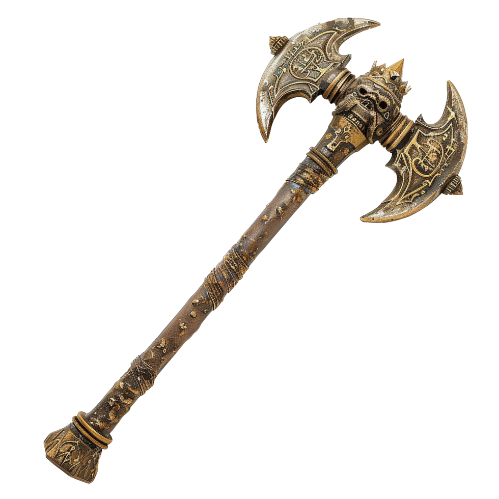 Ornate Double Axe Fantasy Weapon Medieval Design Gold Brown Skull png