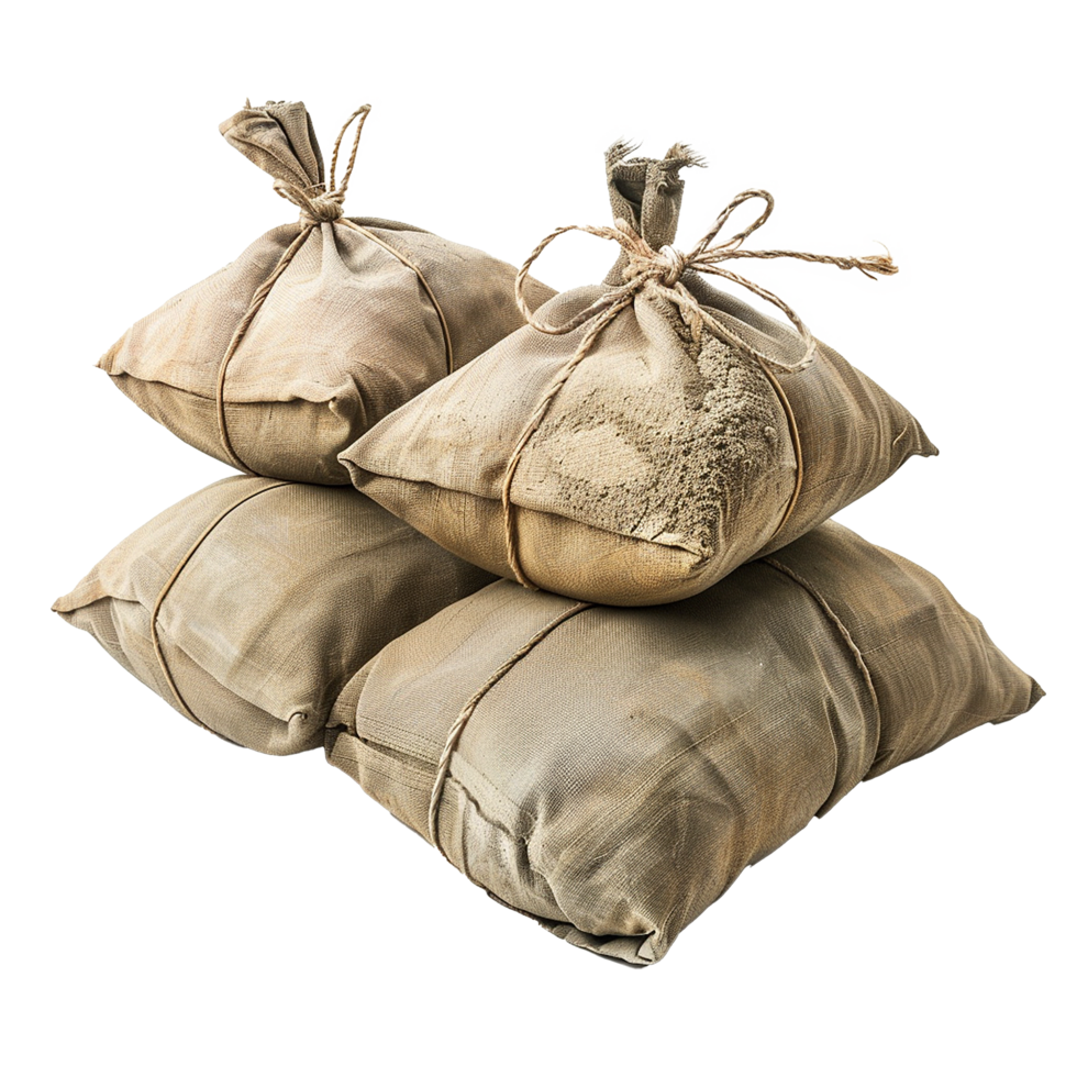 Stack of burlap sacks tied with twine rustic texture old fabric png