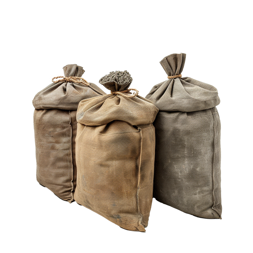 Three burlap sacks filled with material one partially open, rustic texture, neutral tones png
