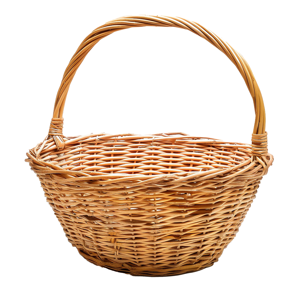Empty Wicker Basket with Handle Rustic Brown Woven Design png