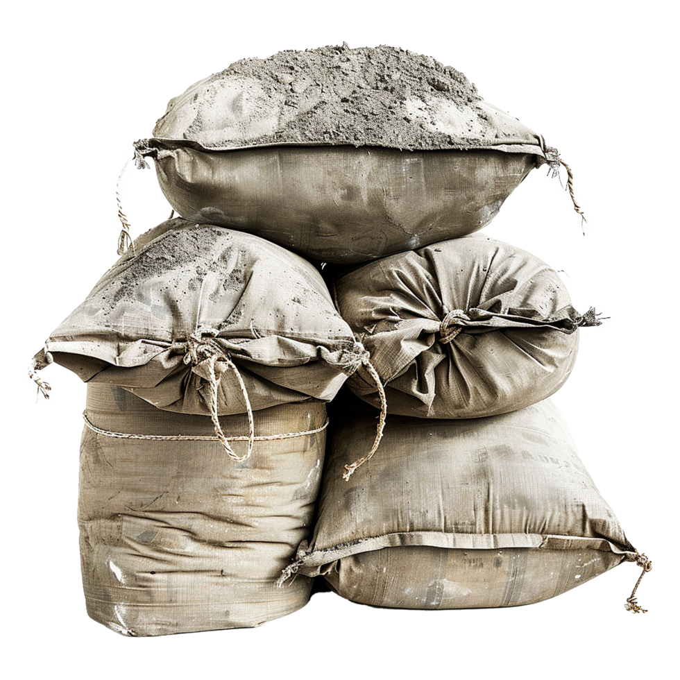 Stacked burlap sacks filled with gray material construction site supplies png