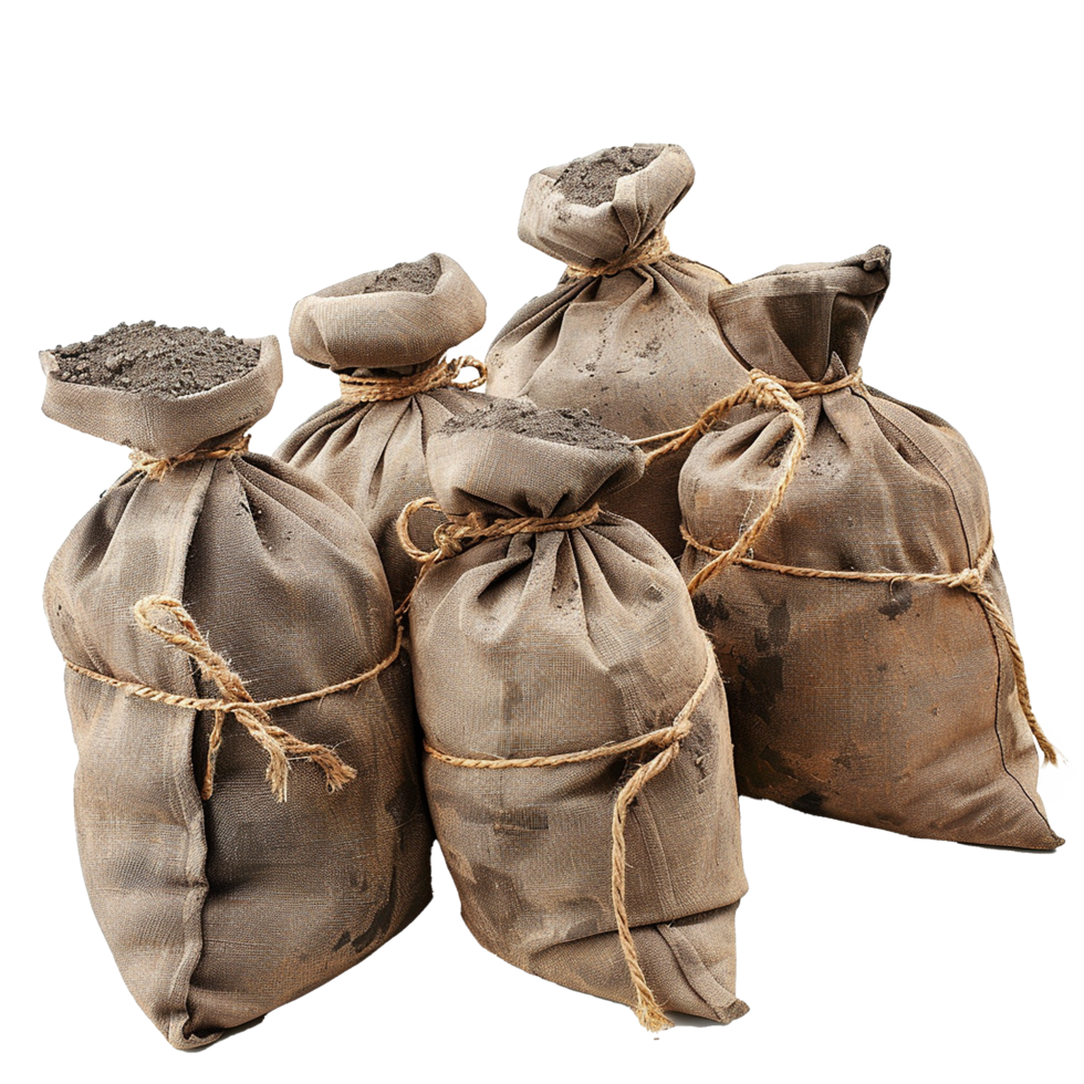 Four burlap sacks filled with soil earthy tones rustic texture png