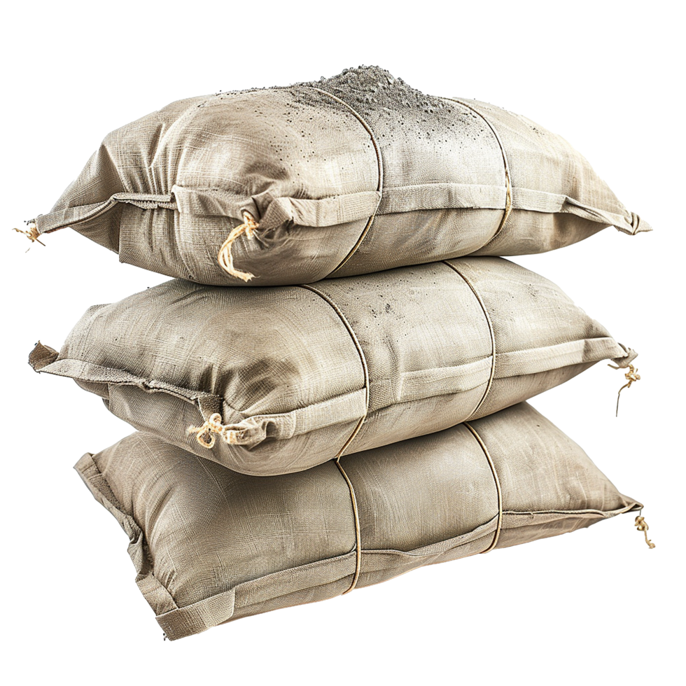 Stacked burlap sacks filled with gray powder rustic texture png