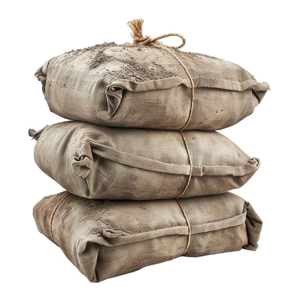 Three burlap sacks filled with soil stacked high rustic texture png