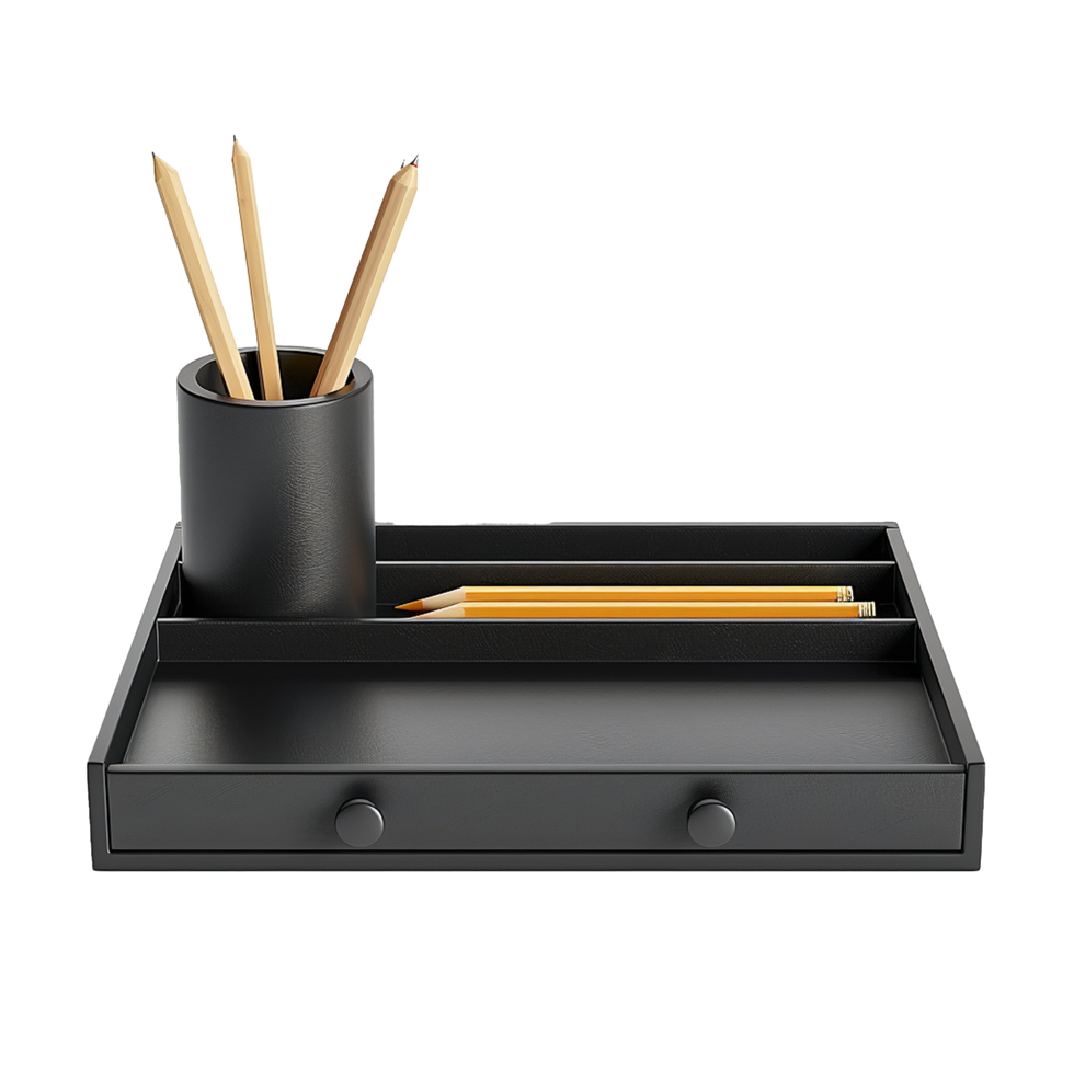 Black Desk Organizer with Pencils and Drawer png