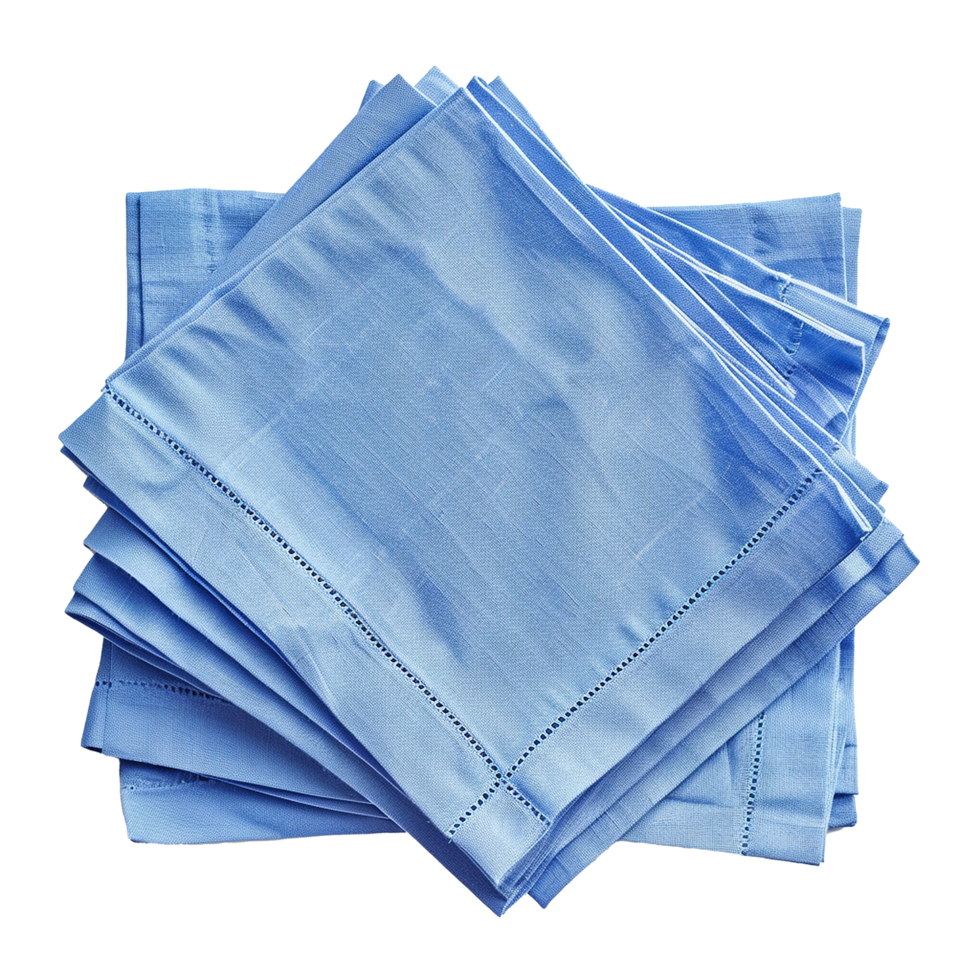Stack of light blue linen napkins elegant hemstitching tableware png