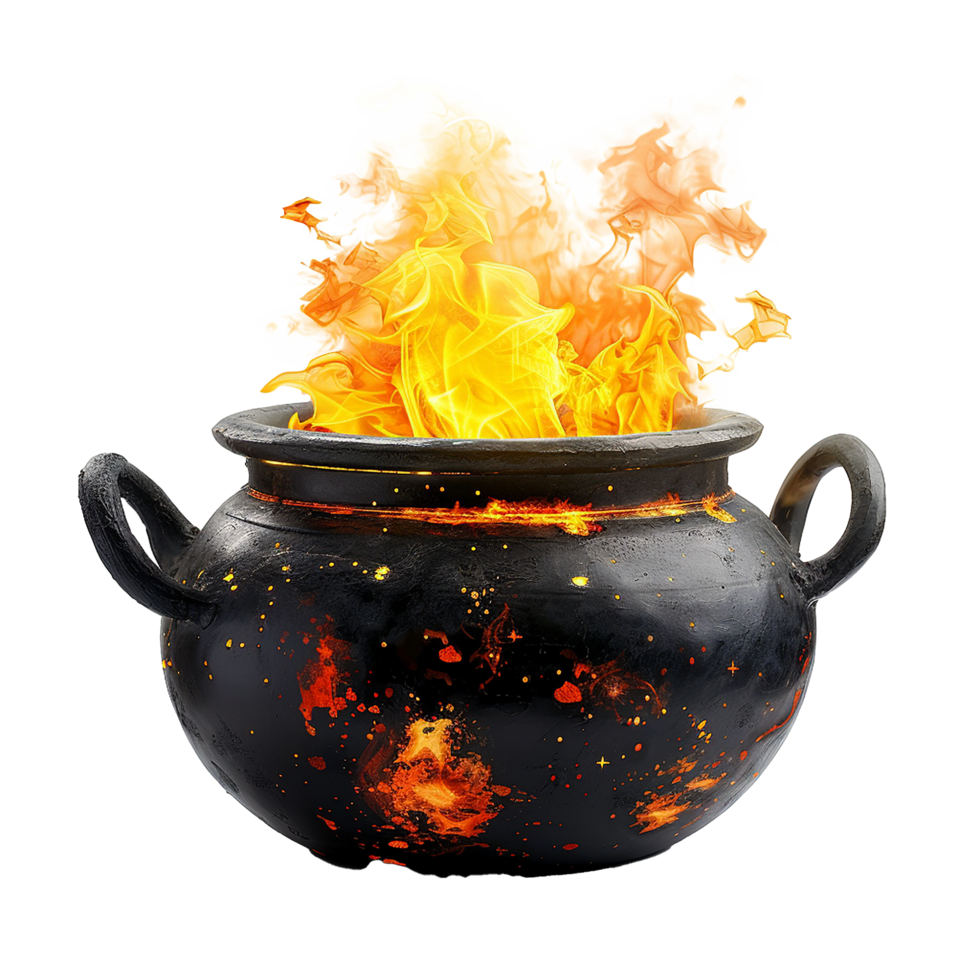 Fiery flames engulfing a black cauldron magical potion brewing png