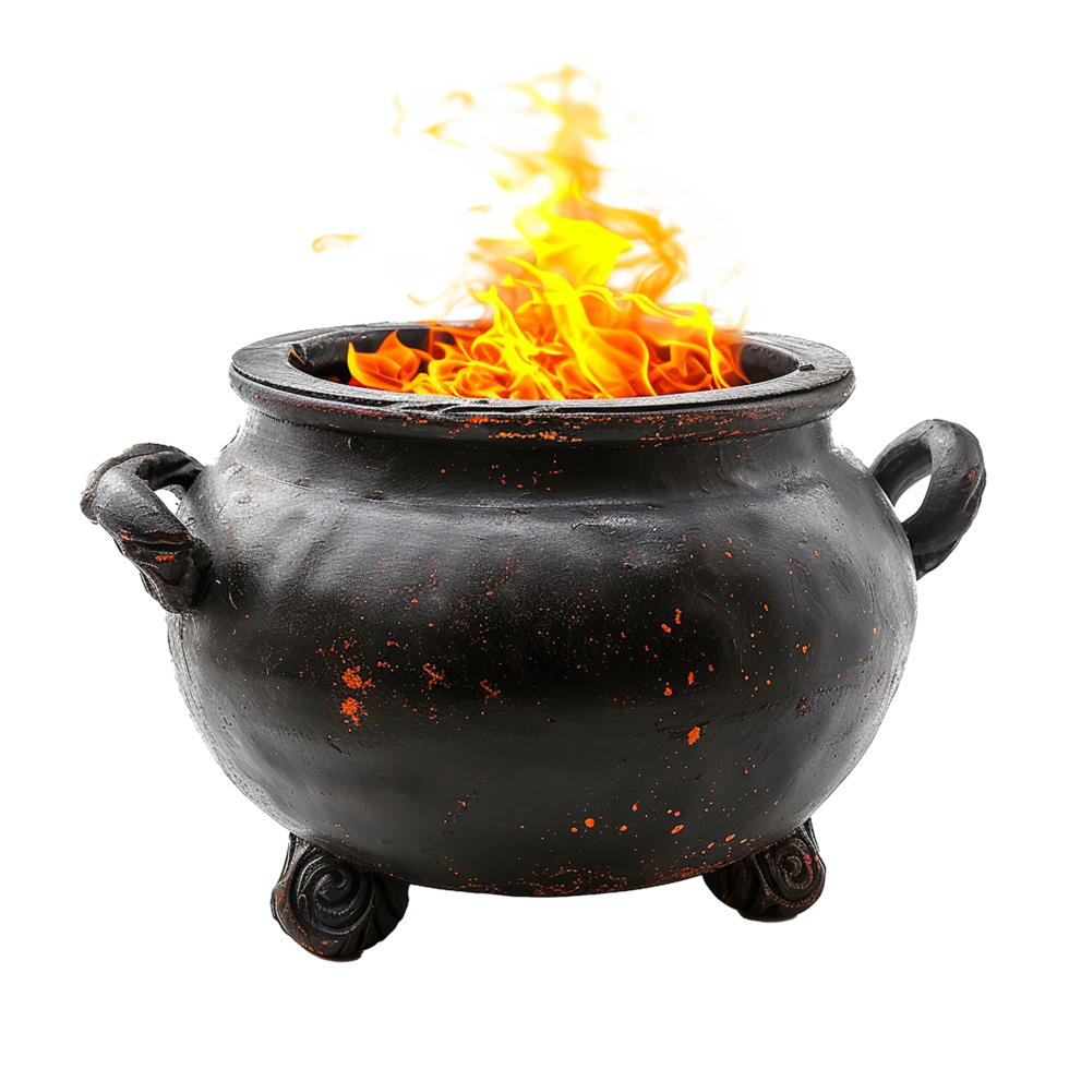 Flaming cauldron black pot fire Halloween magic ritual witchcraft png