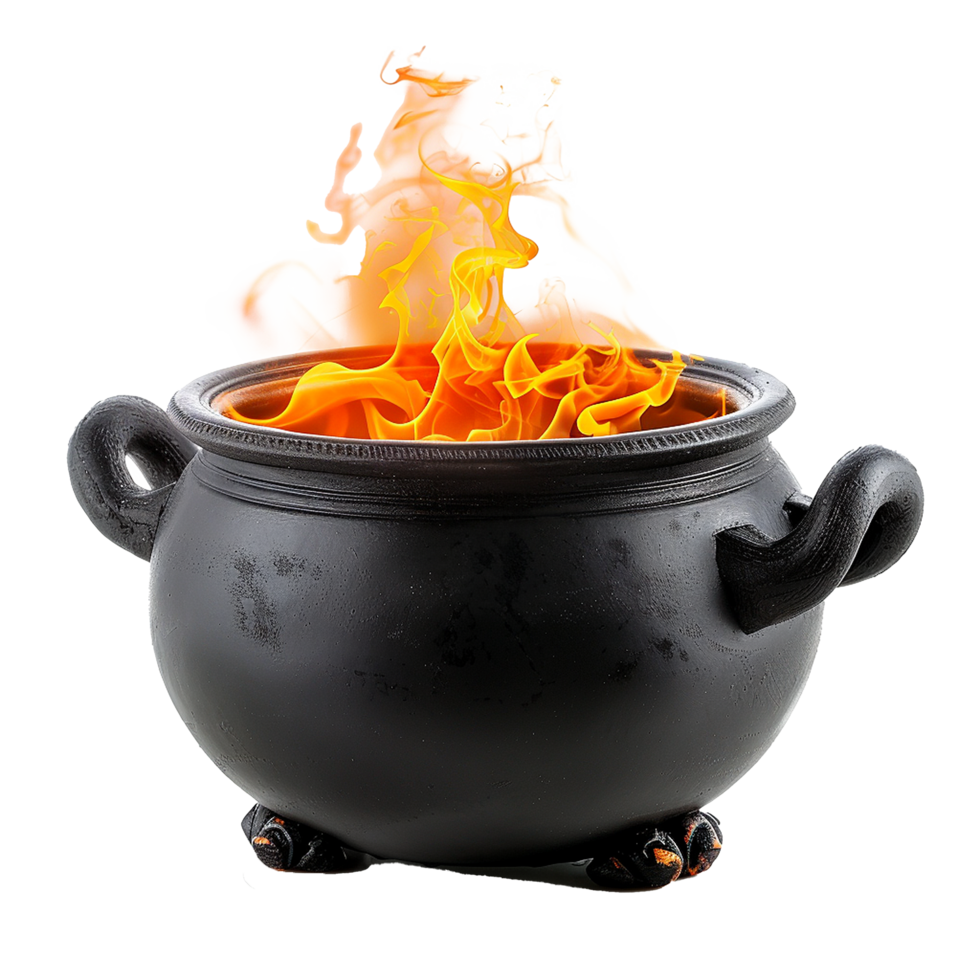 Black cauldron burning with orange flames Halloween magic potion png