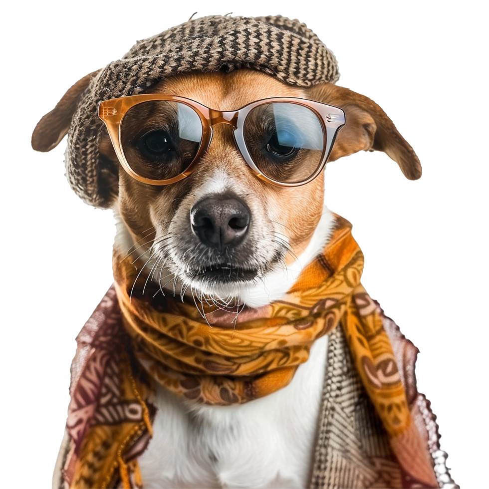 Stylish Dog in Hat Sunglasses and Scarf Autumn Fashion Pet Portrait png