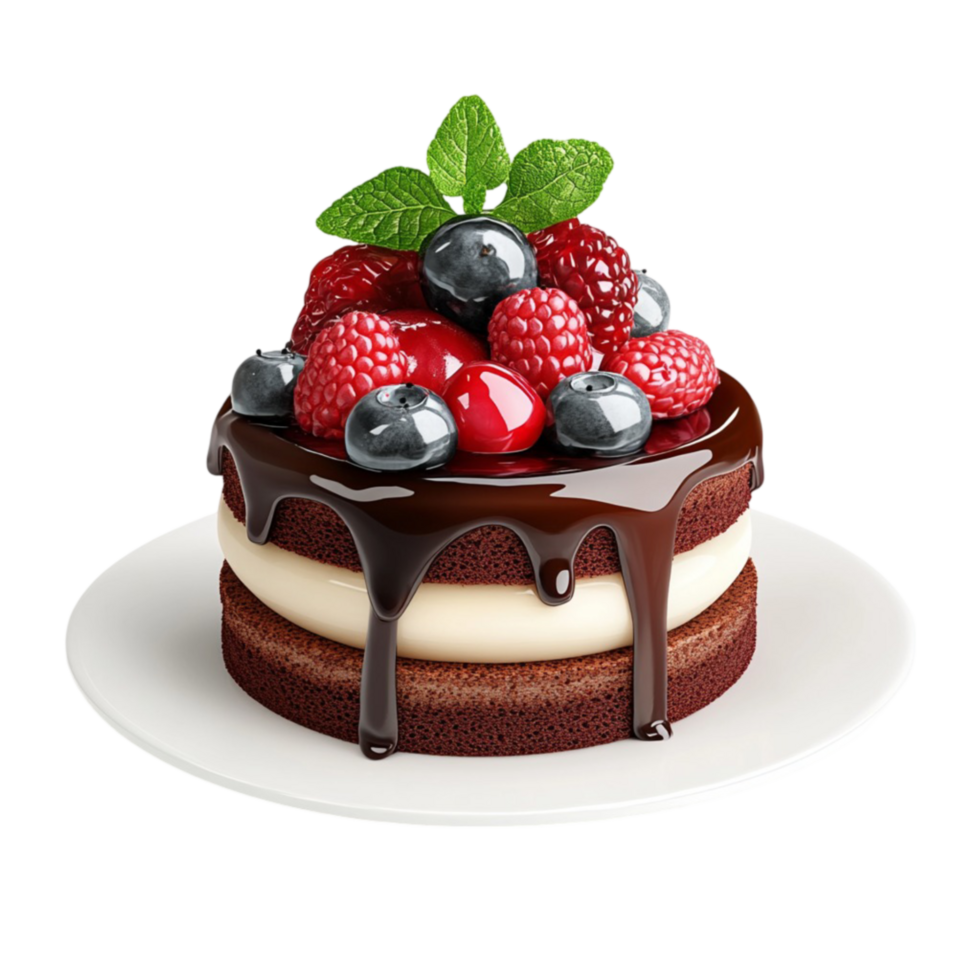 Small Two-Layered Cake with Chocolate Drizzle and Berries png