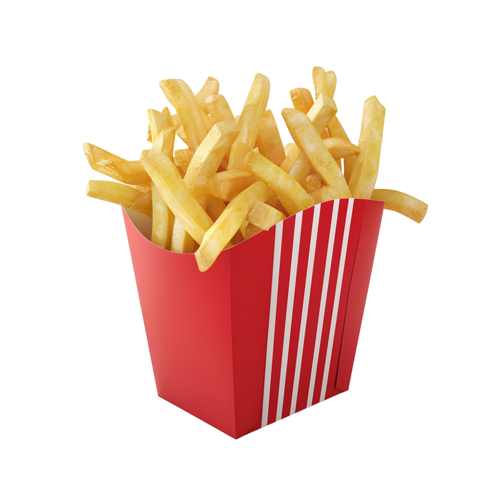 Crispy golden French fries in a red and white striped box isolated on transparent background png