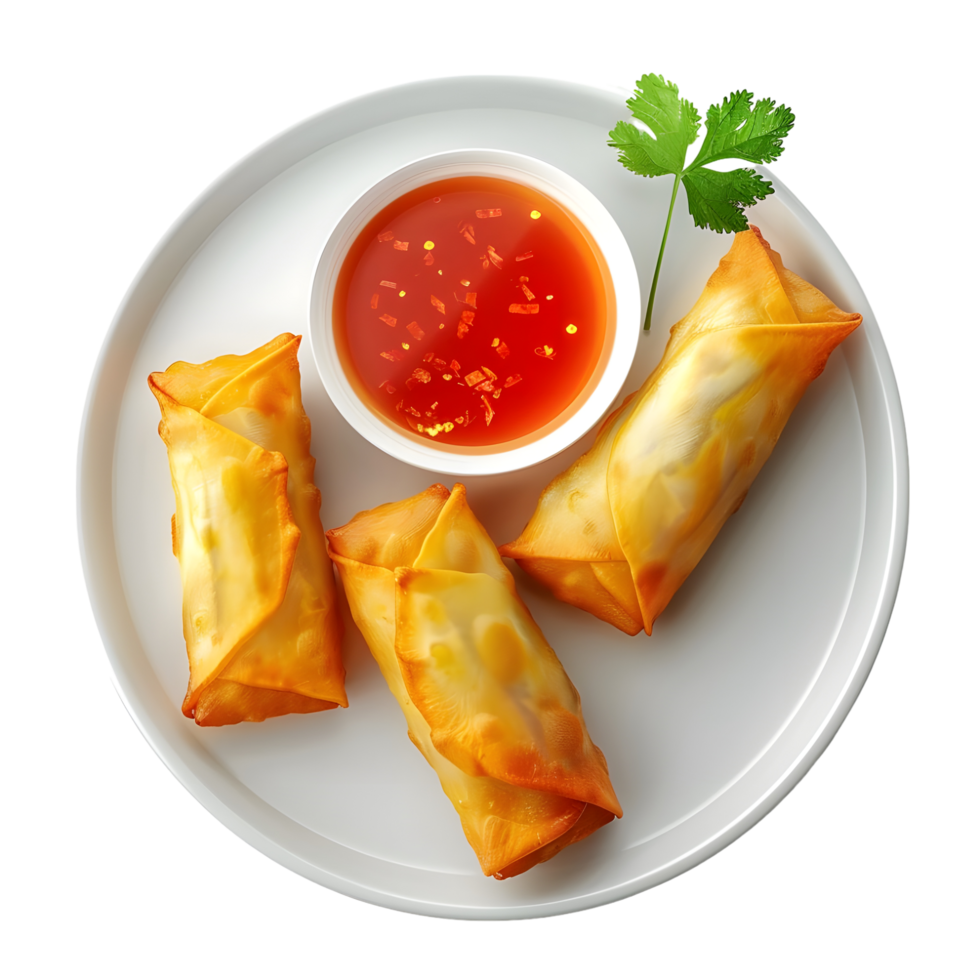 Plate of Golden Spring Rolls with Dipping Sauce Isolated on Transparent Background png
