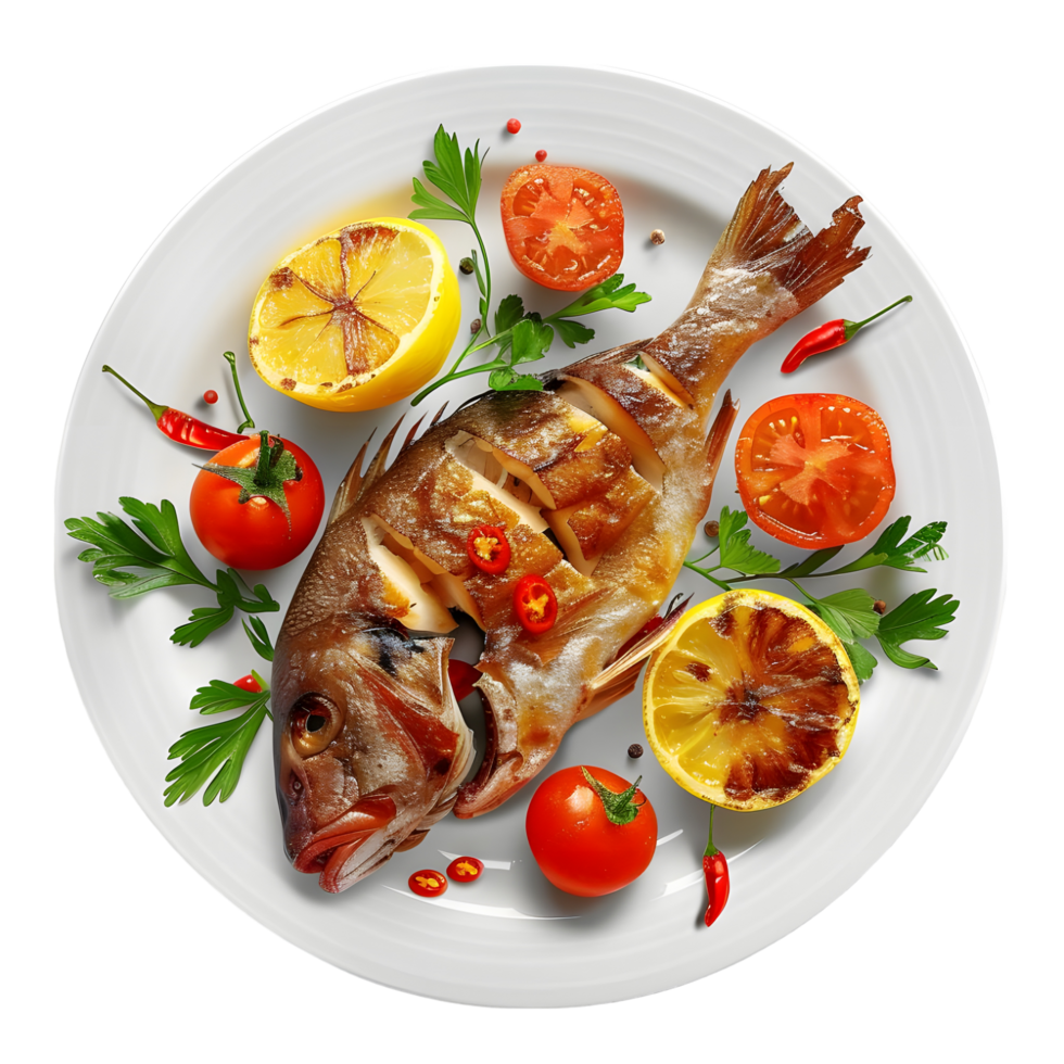 Grilled fish with lemon, tomato and chili isolated on transparent background png