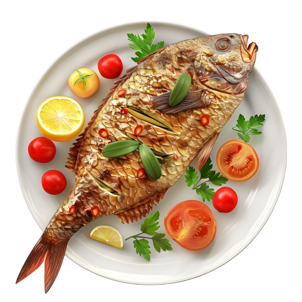 Grilled Fish Garnished with Lemon and Cherry Tomatoes Isolated on Transparent Background png