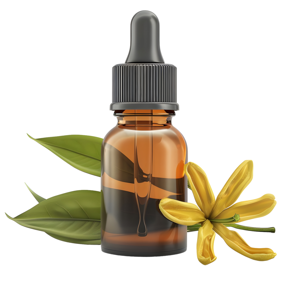 Ylang Ylang Essential Oil Bottle with Flowers and Leaves isolated on transparent background png