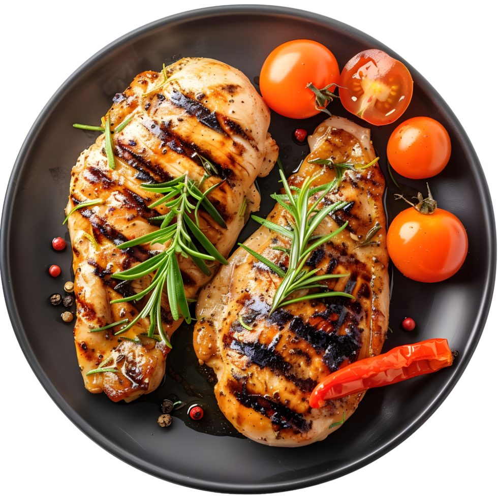 Grilled chicken with parsley on a black plate isolated on transparent background png