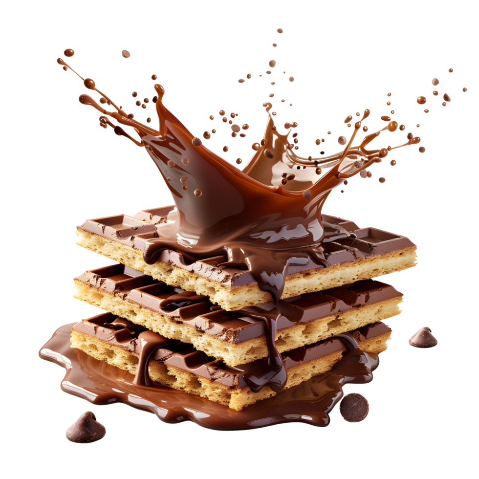 Chocolate wafers and a splash of melted chocolate isolated on transparent background png