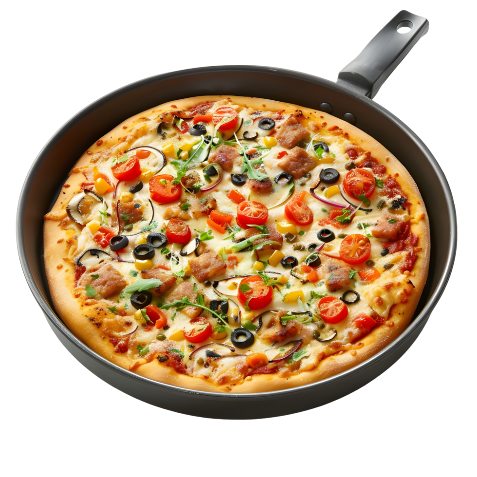Delicious Pizza with various toppings in a pan isolated on transparent background png