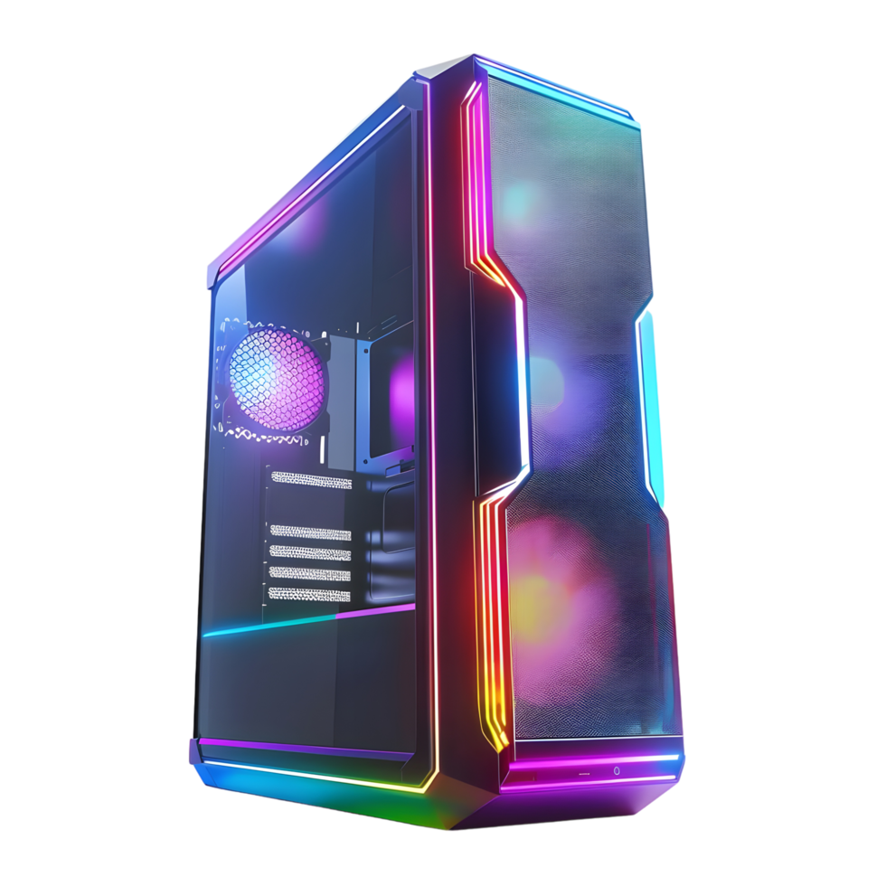 RGB gaming PC case with colorful lights isolated on transparent background png