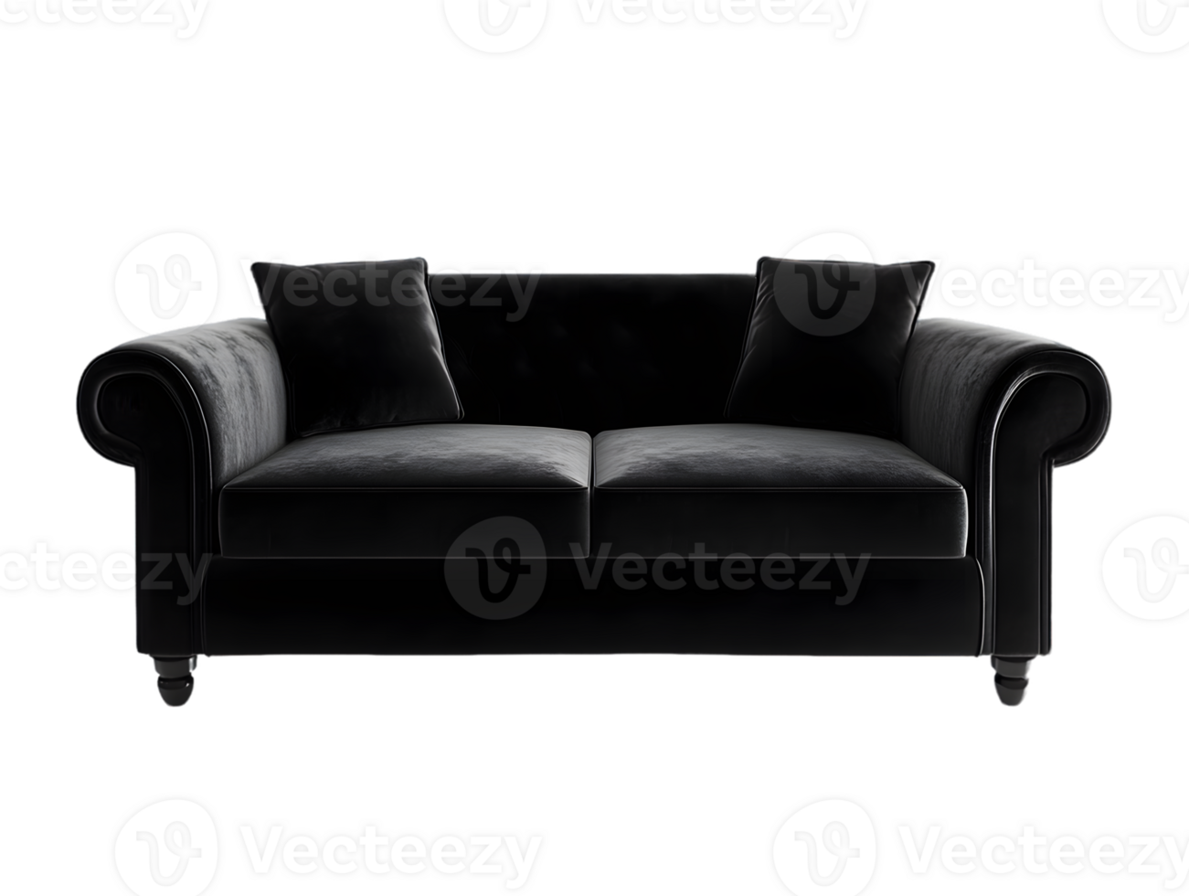 Elegant Black Velvet Sofa with Rolled Arms and Button Tufting png