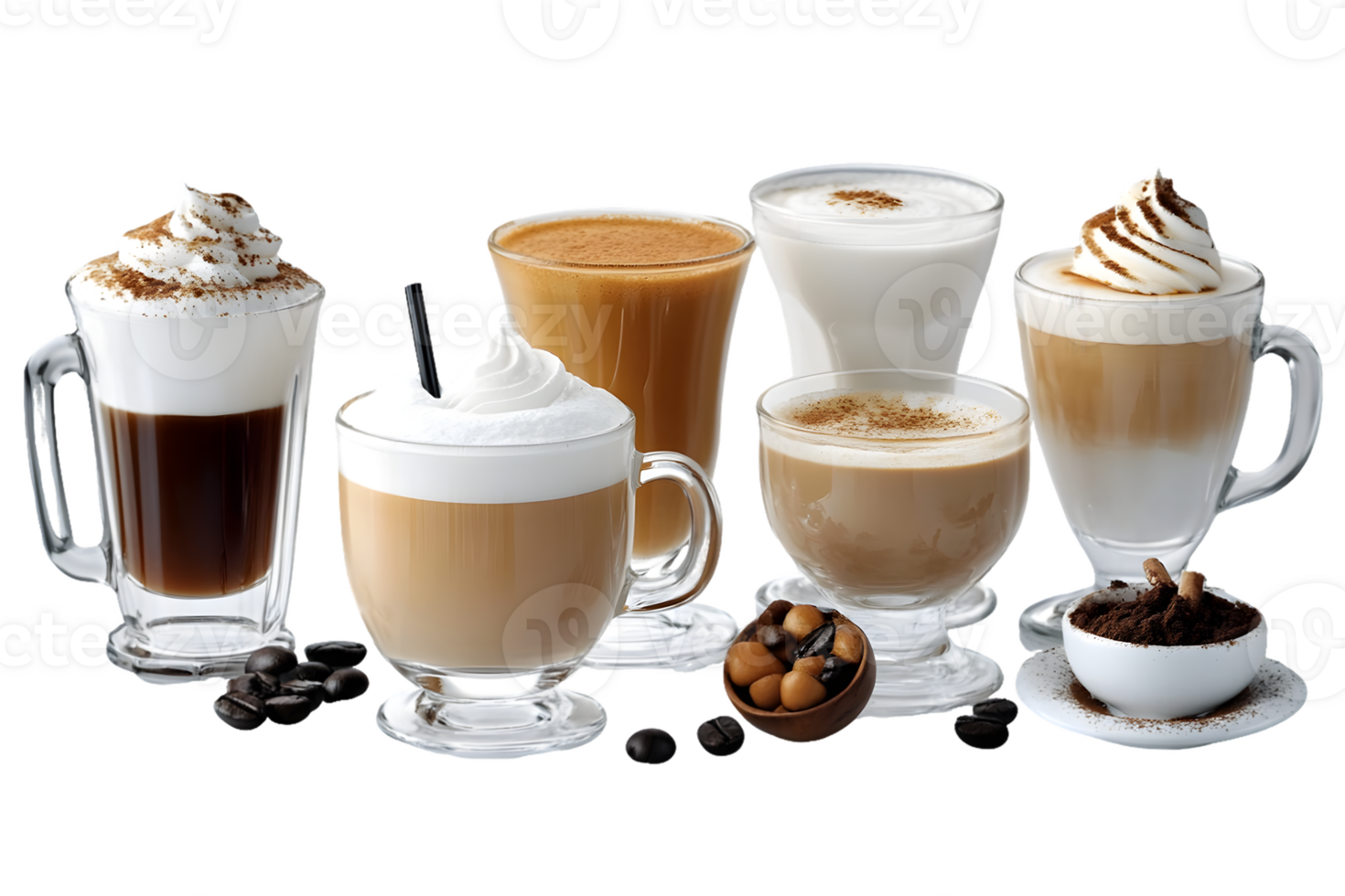 Assortment of Coffee Drinks with Whipped Cream and Chocolate png
