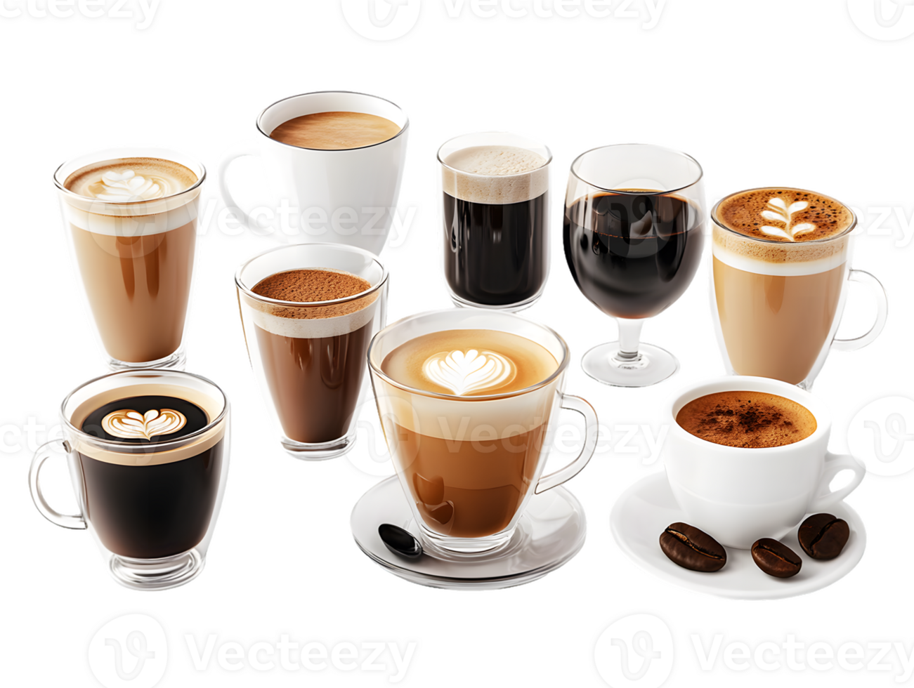 Assortment of Coffee Drinks in Various Cups and Glasses png