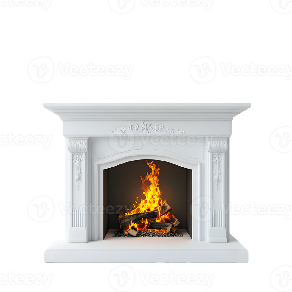 Elegant White Marble Fireplace with Roaring Fire png