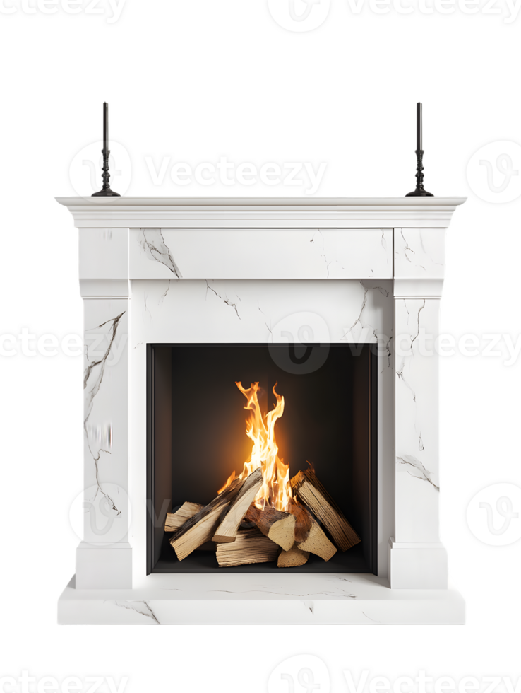 Elegant White Marble Fireplace with Warm Fire png