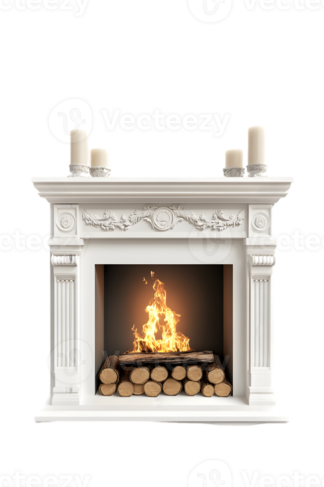 Elegant White Marble Fireplace With Warm Fire And Candles png