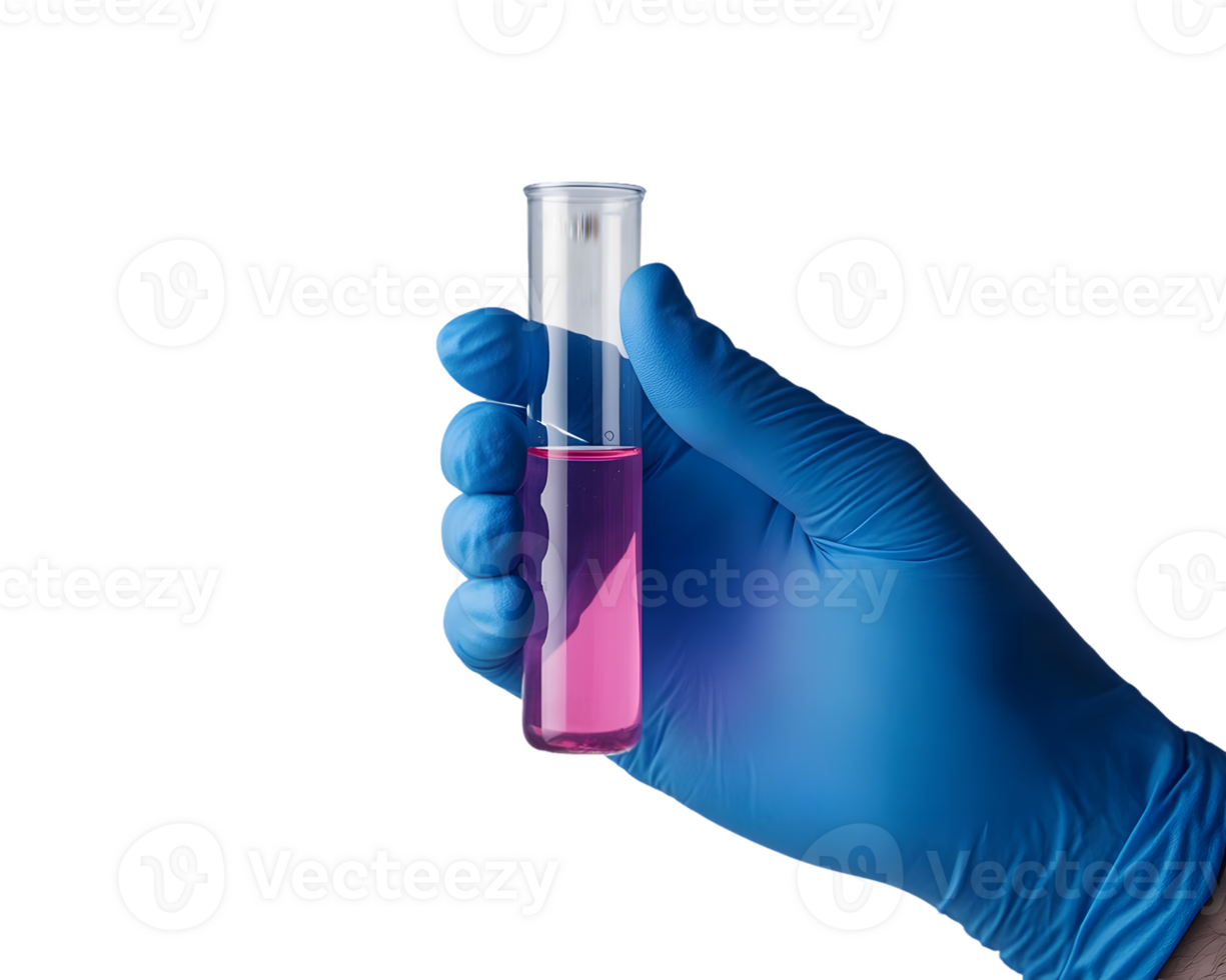Gloved Hand Holding Test Tube Pink Liquid png