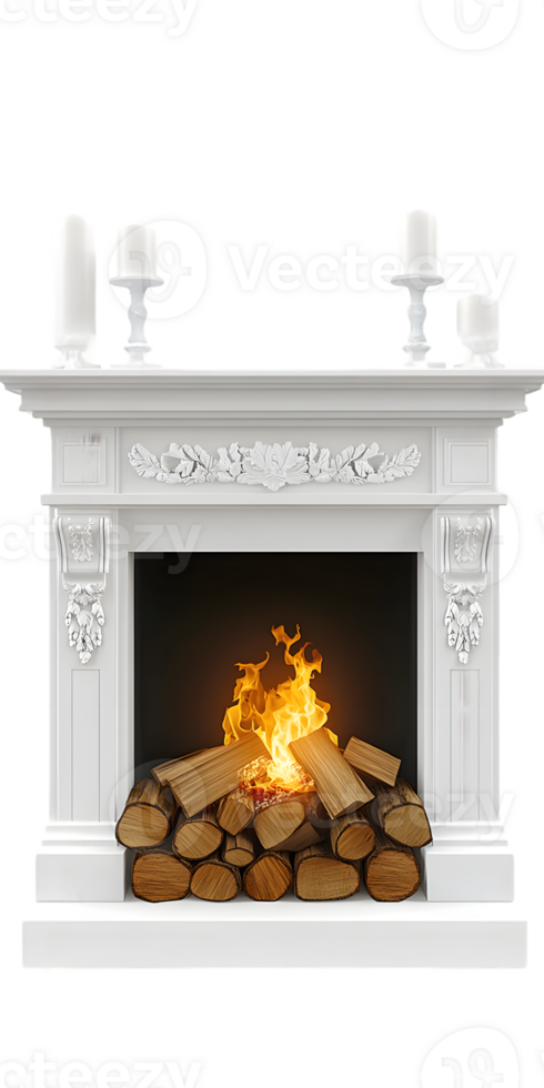 White Marble Fireplace with Burning Fire and Candles png