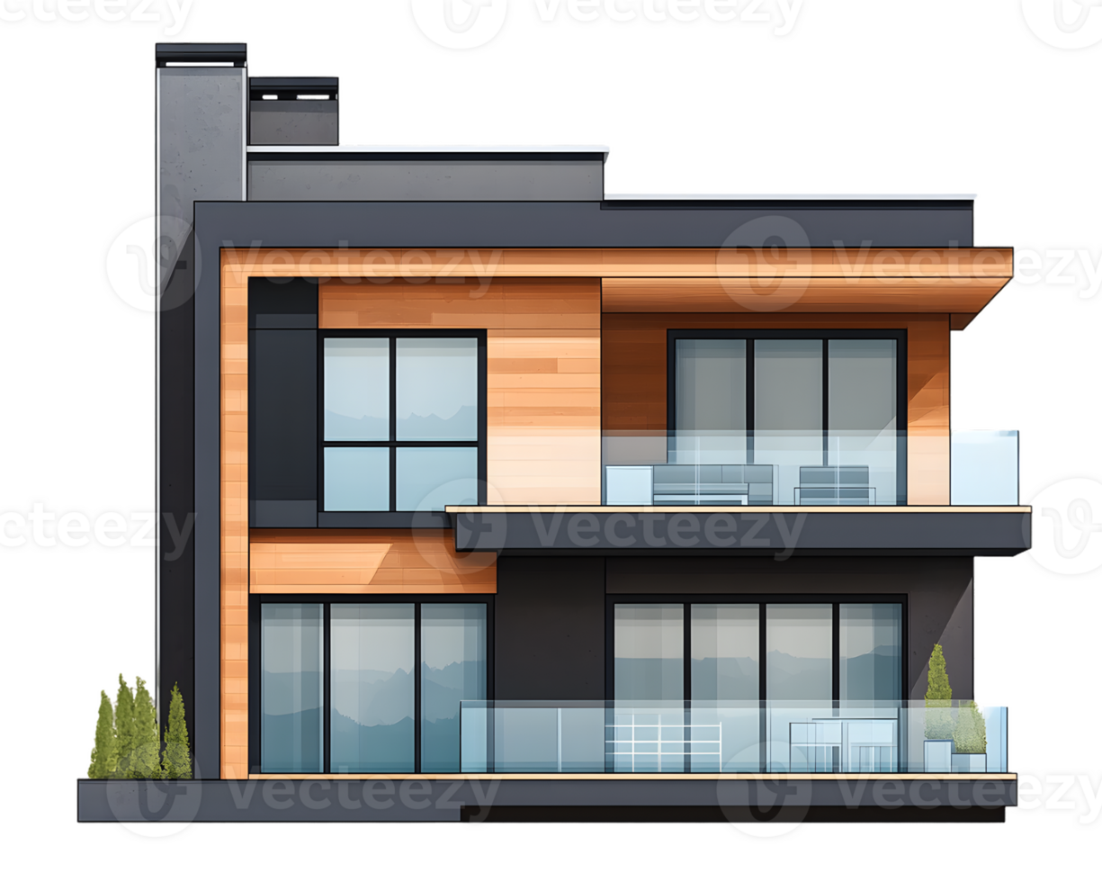 Modern Two Story House with Wood and Gray Exterior png