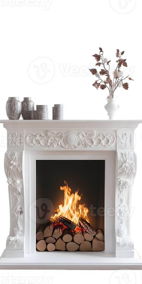 Ornate White Fireplace with Burning Fire and Decorative Accents png