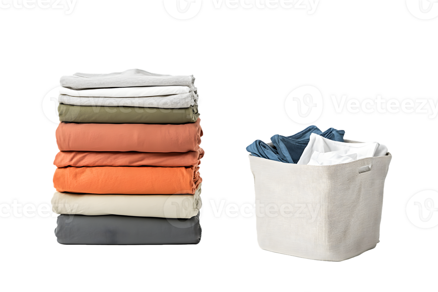Neatly Folded Clothes Stack And Laundry Basket png