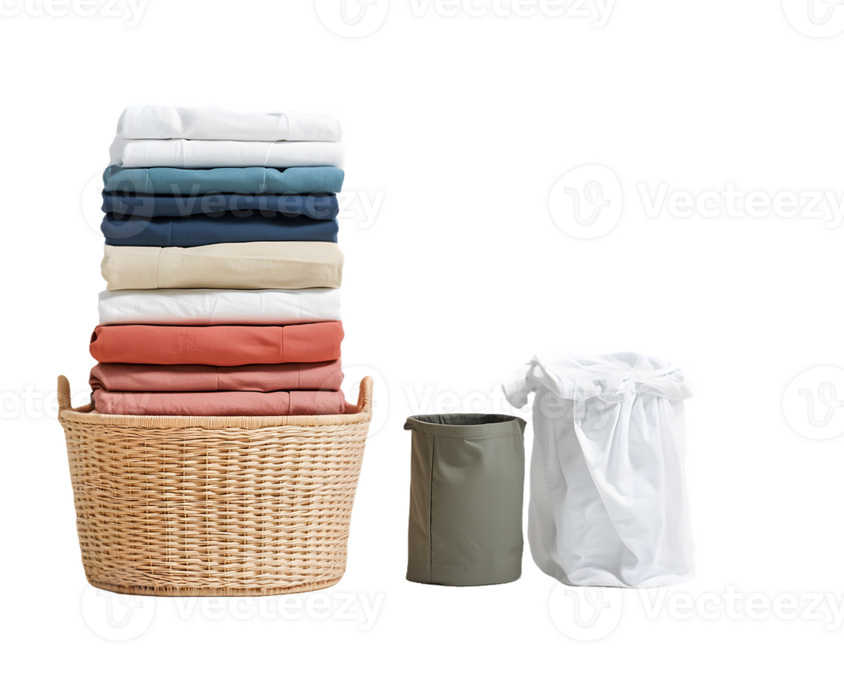 Neatly Folded Clothes in Wicker Basket and Laundry Bags png