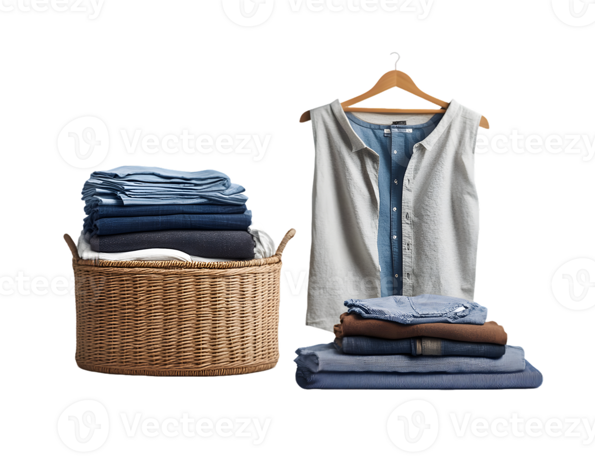 Neatly Folded Denim Clothing and Cream Top on Wooden Surface png