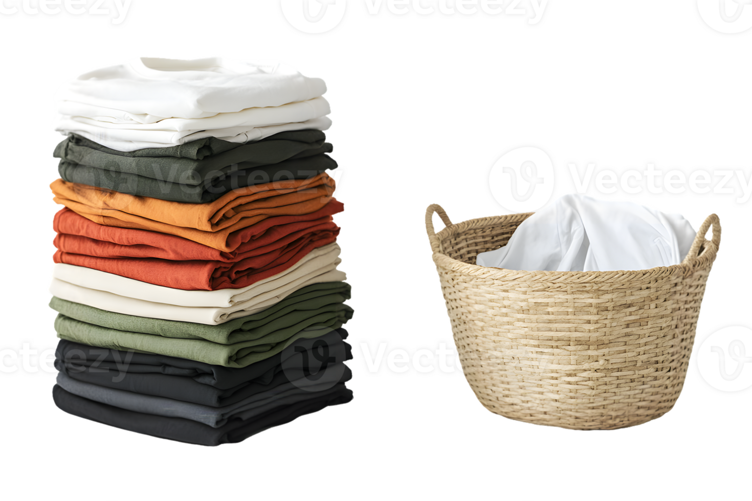 Neatly Folded Stack Of T-Shirts In Earthy Tones Next To A Rustic Woven Basket png