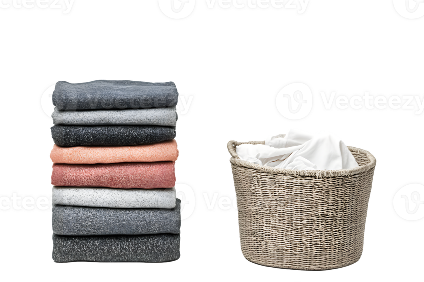 Neatly Stacked Folded Clothes And A Woven Basket Of White Laundry png