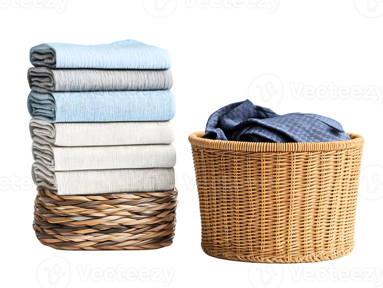 Neatly Stacked Towels and Laundry Basket in a Rustic Setting png